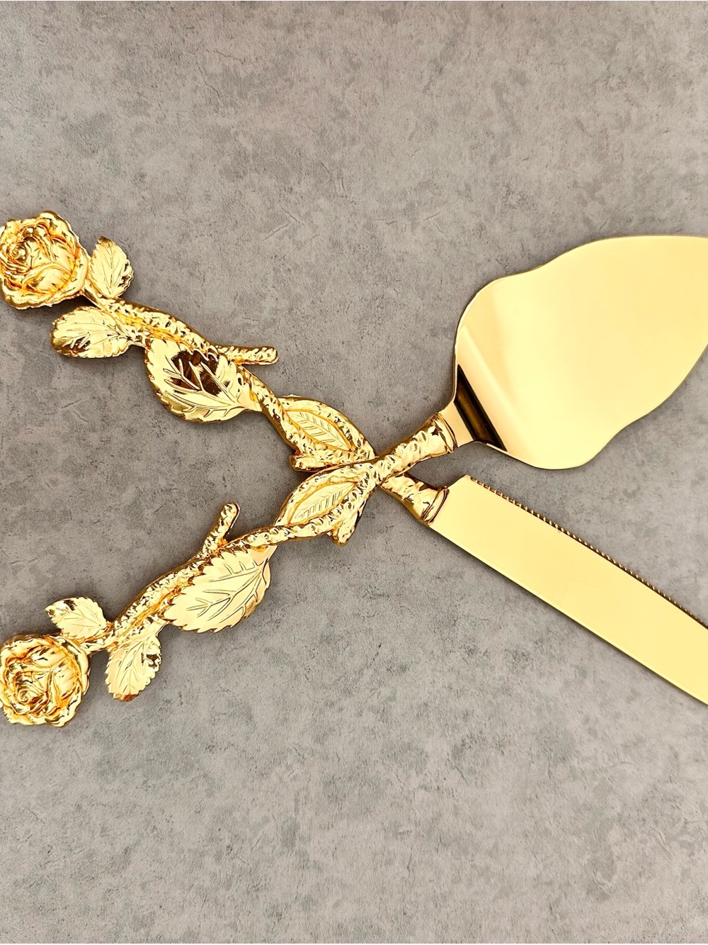 Gold Rose Handle Cake Knife and Server Set Bridal Gift Keepsake Vintage Look 11”